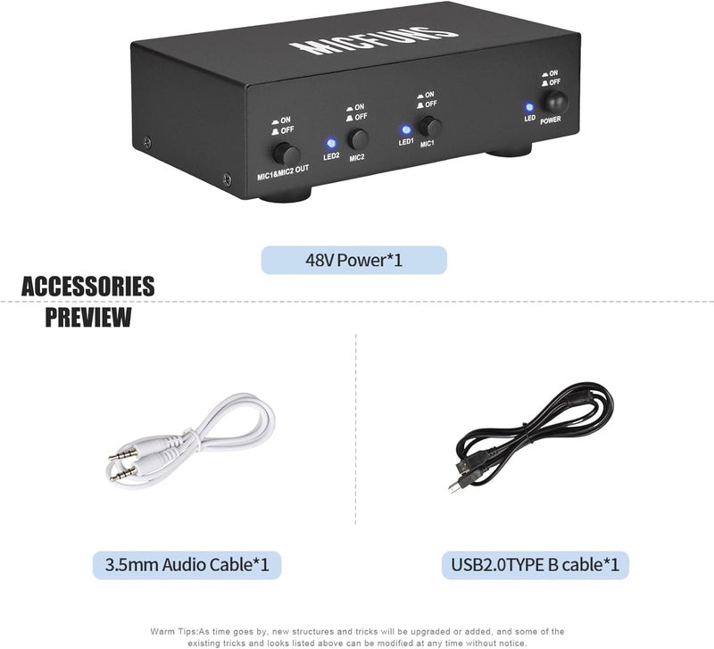 micfuns MC2 2 Channel 48V Phantom Power Supply with 3.5mm Audio Cable to Connect Audio Interface for Condenser Microphone Music Recording Equipment (2 Channel) - Image 3